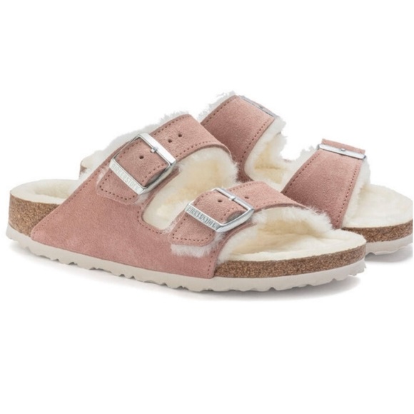 BIRKENSTOCK x Free People Arizona 5 Pink Suede Genuine Ivory Shearling Sandals - Picture 10 of 10